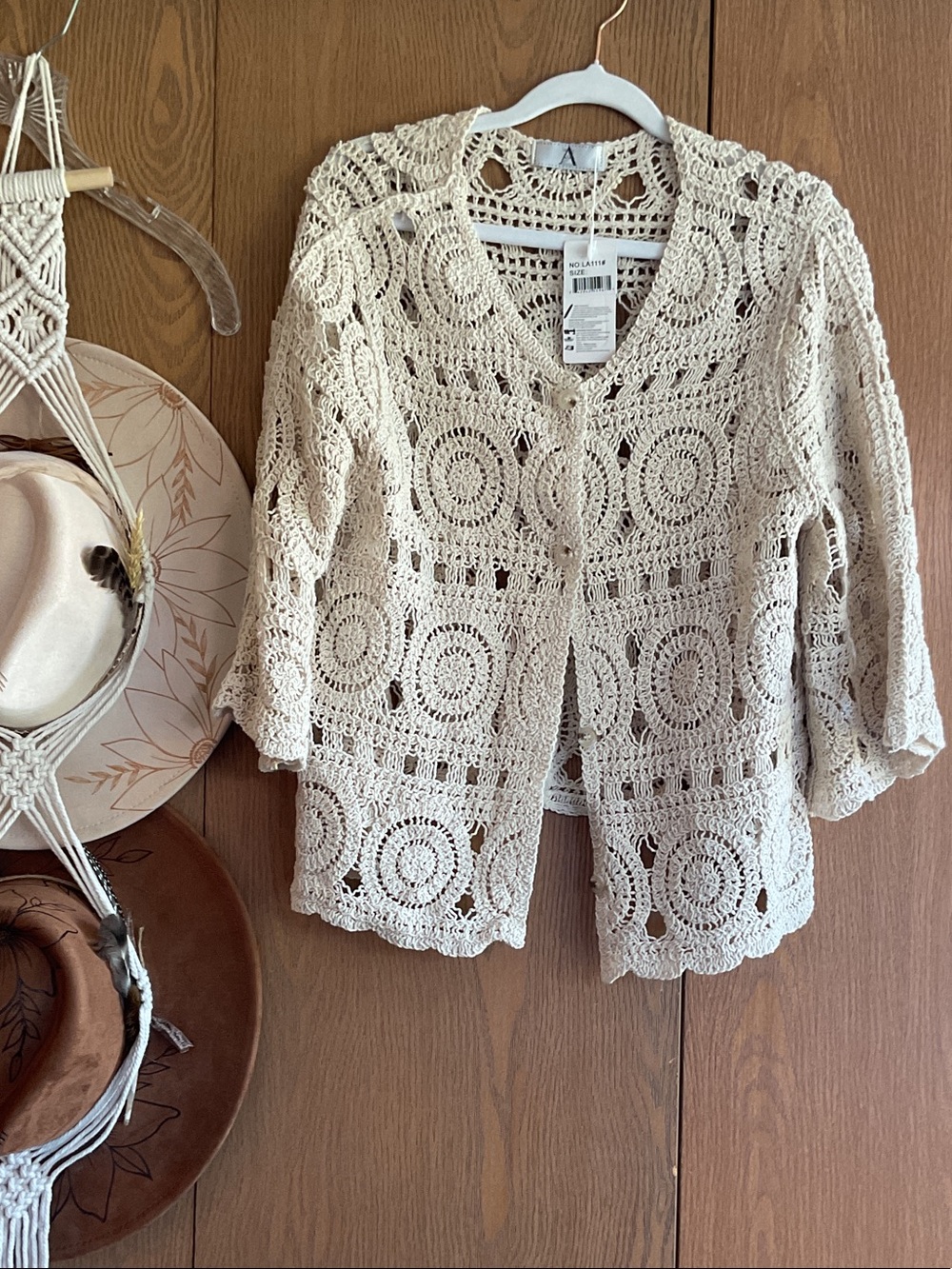 Pomelo Cream Crochet Openwork Button-Front Tunic